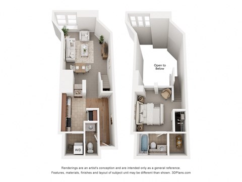 Floor plan for 1 bed, 1.5 baths, 720 sqft